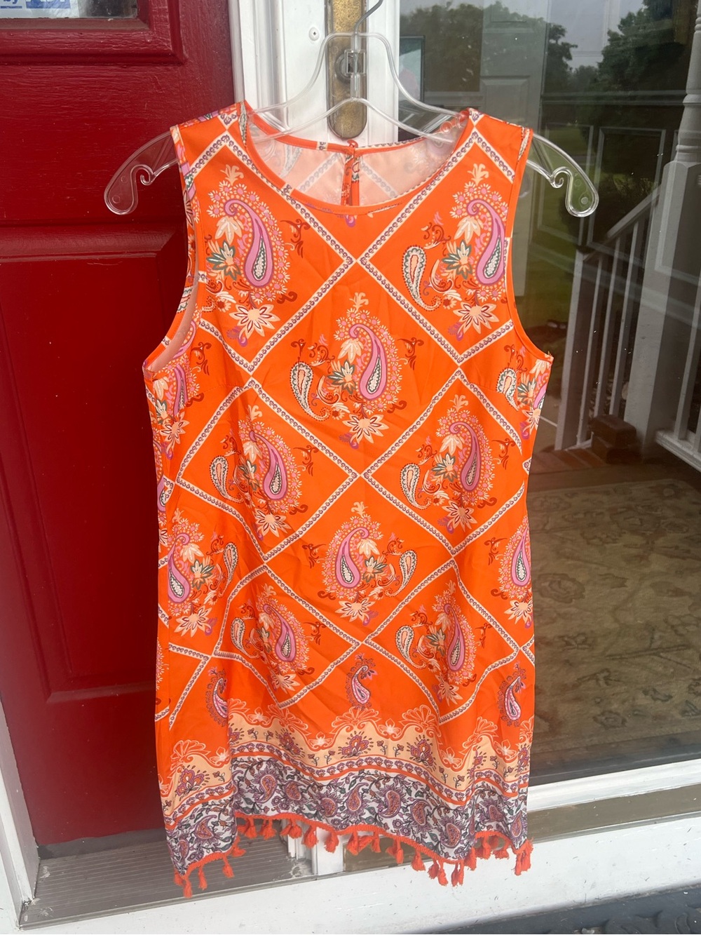 SHEIN Orange Paisley Print Tassel Hem Mini Dress